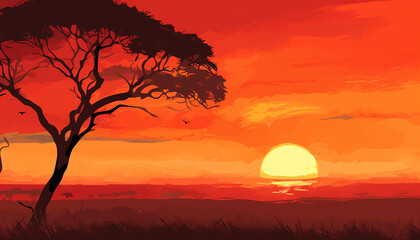 Serengeti Sunset with Breathtaking African Twilight - obrazy, fototapety, plakaty