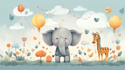 Obraz na płótnie Canvas Elephant and giraffe animal kawaii sketch paint child pattern theme. Illustration of decorations for preschool and elementary school.