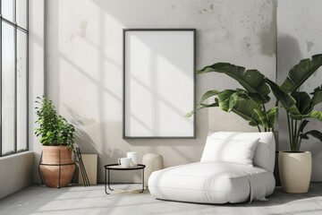 Frame mockup with ISO A paper size, showcasing a living room wall poster mockup against a modern interior design background, presented in a 3D render.