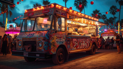 a food truck mock-up at a lively outdoor music festival.  