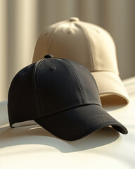 two baseball caps, one in black and the other in a light beige color.