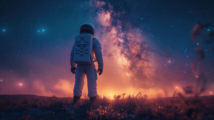 An astronaut in a white suit is looking at the Earth. - Powered by Adobe