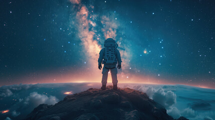 On a strange lunar landscape Astronaut the background of the vast sky filled with stars and the Milky Way  