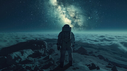 On a strange lunar landscape Astronaut the background of the vast sky filled with stars and the...