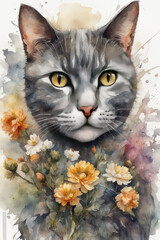 Dark grey short hair cat watercolor vintage style with flowers white background
