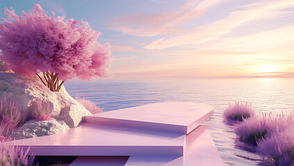3d scenery of beautiful pink lavender under the sky i - obrazy, fototapety, plakaty