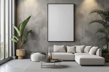 Frame mockup with ISO A paper size, showcasing a living room wall poster mockup against a modern interior design background, presented in a 3D render.