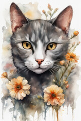 Dark grey short hair cat watercolor vintage style with flowers white background