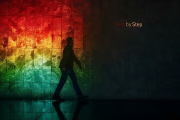 A walking man represented by a red, green neon light, words Step by Step. on black paper background. generative AI