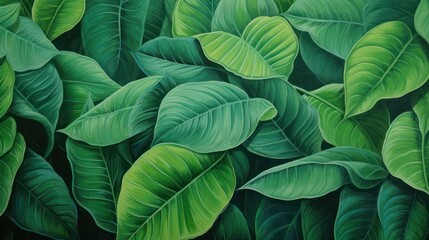 Close up view of fresh, lush, dewy green leaves, natural green plant background wallpaper.