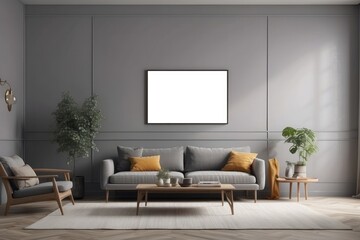 Fototapeta na wymiar Retro style in beautiful living room interior with grey empty wall