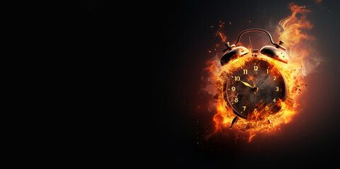 Classic Clock on Fire Isolated on Black Background with Empty Copy Space. Generative AI