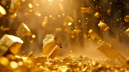 Pieces of raw uncut and unaltered yellow gold flying in the air. Precious metals levitation. Spectacular explosion of expensive stones.