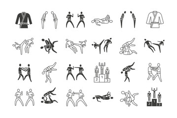 Jujutsu martial art line icons. Vector sports signs.