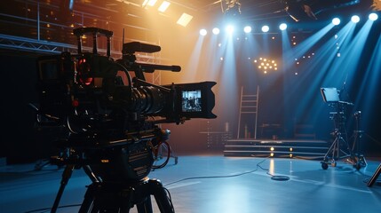 VDO camera record crane production multimedia cinema on studio with spot light to stage for entertainment industry.