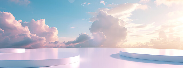 3d white plateau floats above a blue sky with clouds 