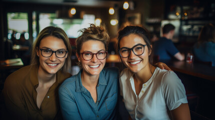 Obraz premium Group of three smiling female friends at cafe having breakfast . Three senior women laugh together