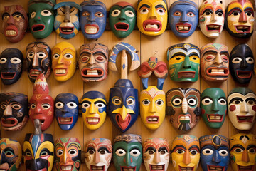 Typical wooden masks in Kathmandu in Nepal. The masks are traditionally worn at the Mani Rimdu festival to drive out demons and reward believers