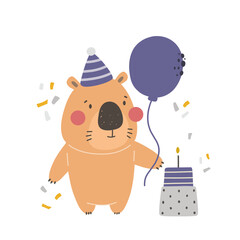 Cute capybara in a festive hat and with a balloon, children's birthday party, cake with candles. Cute vector animals