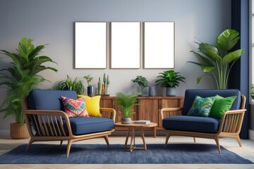 Retro armchairs with wooden frame and colorful pillows on a navy blue sofa in a vibrant living room interior with green plants