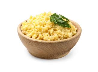 Tasty millet porridge with parsley in bowl isolated on white