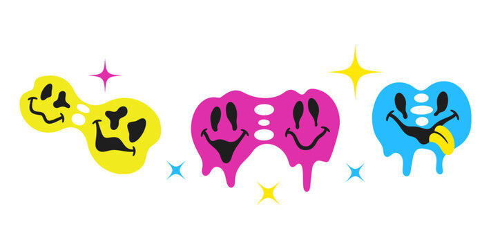Collection Of Vibrant Vintage Smile Emojis Melting In Psychedelic Hues. Retro Cartoon Icons Exude Positive Vibes