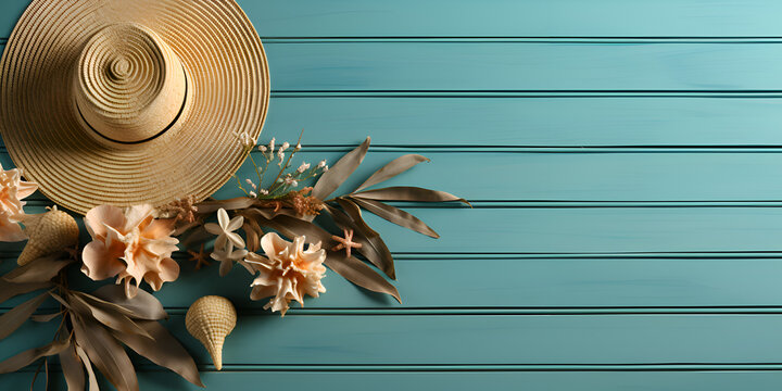 Straw hat and sea shells on wooden floor