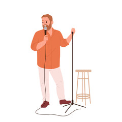 Man standuper cartoon character giving humor speech on stage performing with mic isolated on white