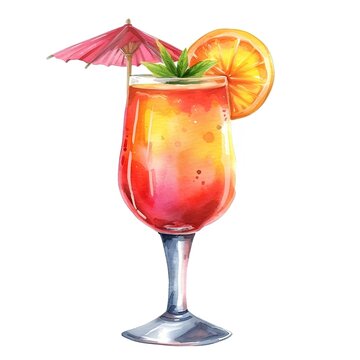 tropic fruit coctail in glass for rest relax watercolor paint