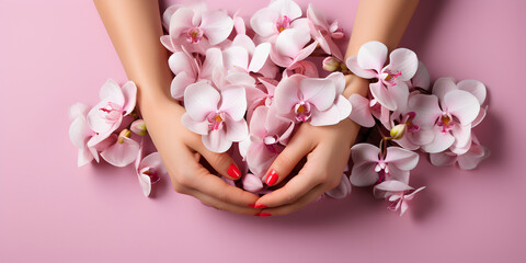 Female hands with flowers on pink background