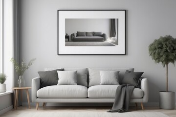 Grey settee near white cupboard in minimal living room interior with posters on the wall