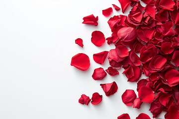 Beautiful red rose petals on white background, top view. abstract photo. Red rose petals isolated on white background. Decorated for love greetings on valentines day or wedding.