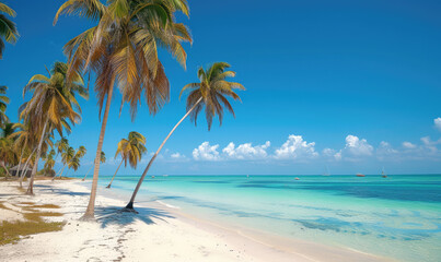 Fototapeta na wymiar Beautiful tranquil empty bright white paradise sand beach, palm trees, and turquoise water in Zanzibar