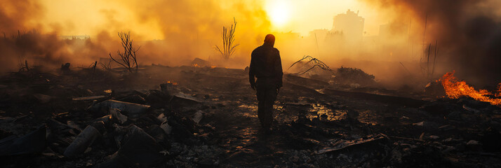 Solitary figure amid the ruins after a devastating fire, with smoke and embers under a dusky sky. ...