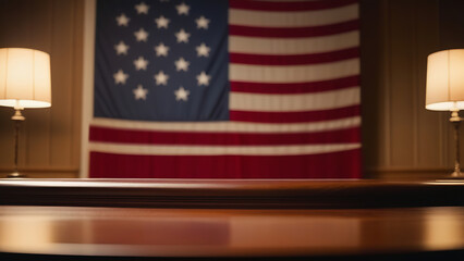 Government office, American flag on background, shiny wooden table. Table on national flag background, copy space, independence day, 4th of July, memorial day, veterans day