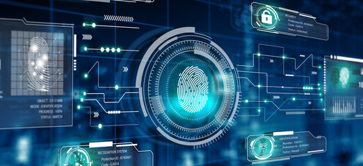 Fingerprint technology scan provides security access. Advanced technological verification future and cybernetic. Biometrics authentication and identity Concept. 3D Rendering. - obrazy, fototapety, plakaty