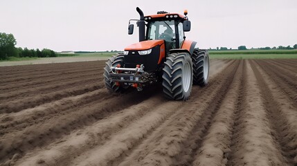 Fototapeta premium Agricultural Preparation: Tractor Plowing the Field at Dusk