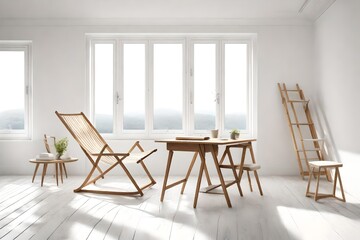 White room with deckchair, wooden desk, chair and window wall