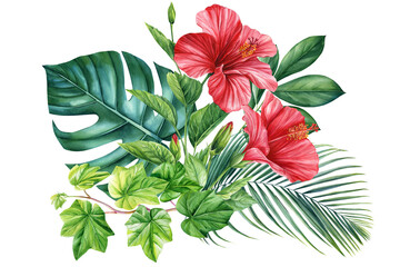 tropical plants, palm leaves and hibiscus flowers, jungle green leaves hand painted with watercolor, botanical painting