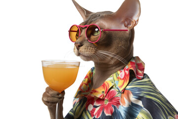Abyssinian Cat Wearing Cool Sunglasses and Cocktail Glass Isolated Transparent Background Adorable Pet Stylish Fashionable Drink Animal Photography
