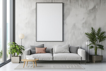 Frame mockup with ISO A paper size, showcasing a living room wall poster mockup against a modern interior design background, presented in a 3D render.