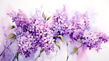 Spring color of lilac in the garden - Delicate watercolor painting.