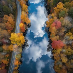 Aerial view of mountain road true colorful autumn forest with river