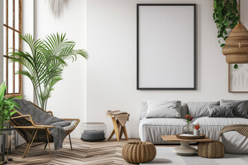 Frame mockup with ISO A paper size, showcasing a living room wall poster mockup against a modern interior design background, presented in a 3D render.