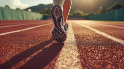 Close-Up of Runner's Shoes on the Athletic Track at Sunrise. - obrazy, fototapety, plakaty