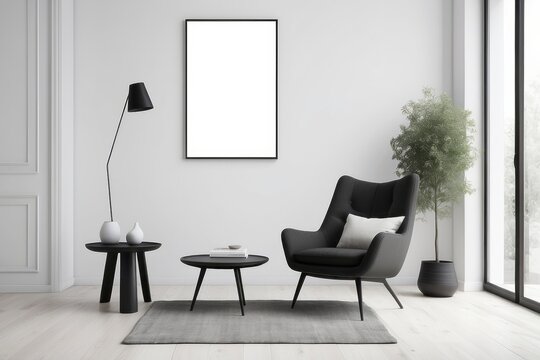 White living room design. View of modern scandinavian style interior with chair and black poster frame on white wall. Home staging and minimalism concept