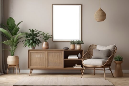 Modern composition of living room interior with brown mock up poster frame, design retro commode, sofa, bookstand, rattan basket with plant and elegant accessories