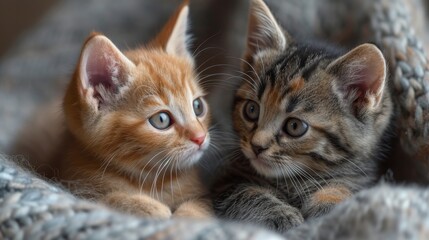 Obraz premium Playful Kittens, Adorable close-up of playful kittens engaged in cute interactions, conveying warmth and coziness