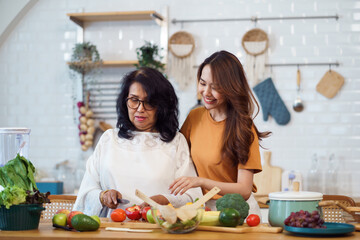 Asian lovely family in the kitchen. Beautiful female enjoy spending leisure time with senior elderly mom while cooking salad and food healthy
