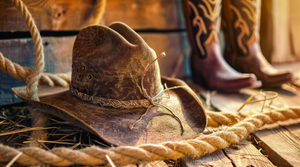An old cowboy hat laying on an old wooden floor near a rope - obrazy, fototapety, plakaty